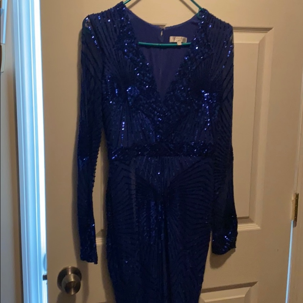 Goddiva London Long sleeve- Blue Sequined Gown